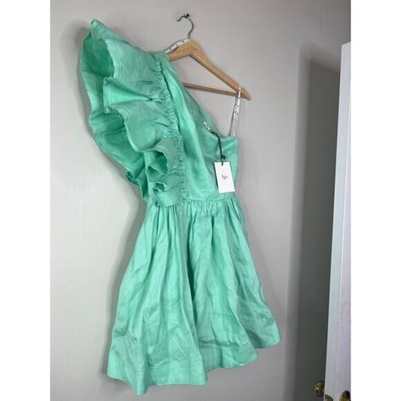 NWT Aje Bonjour Asymmetric One Shoulder Mini Dress Marine Green Size: 6 - Picture 3 of 9